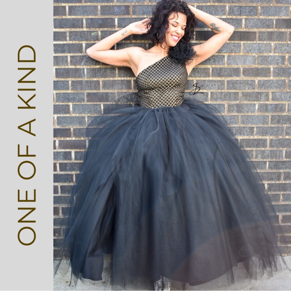 Handmade One Shoulder Black Tulle Ballgown with Asymmetrical Neckline (size 6)